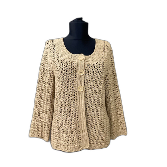 TALBOTS Hand Knit Long cable knit 3  Button Cardigan Sweater Size M Beige EUC - Picture 1 of 12
